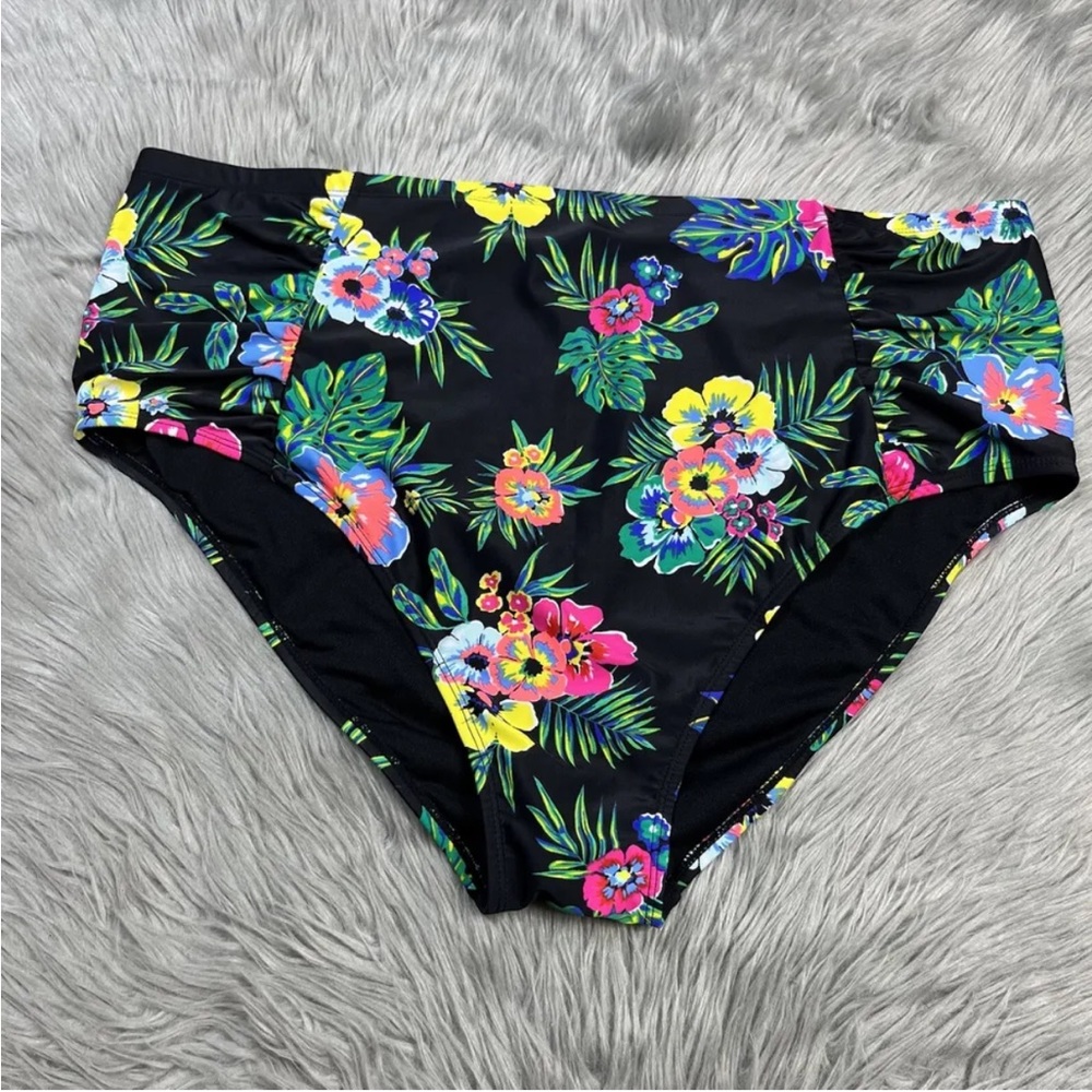 Old Navy Plus Size 3X Black Floral Ruched Side High Waist Swim Bottoms